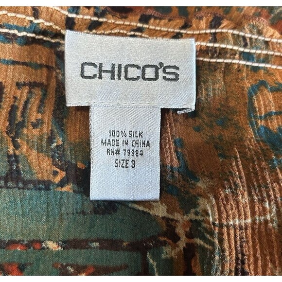 Chico's 100% Silk Sheer Paisley  Boho Brown Tie Neck Dolman Long Sleeves Top 3 - Picture 8 of 8